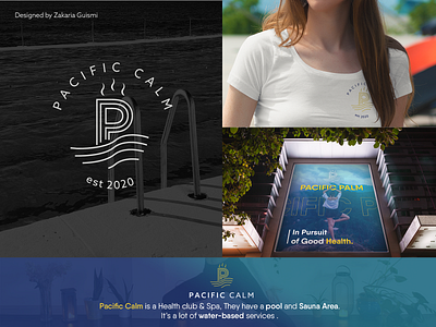 Pacific Calm Health club & spa visual identity design blue and yellow branding design fancy fitness logo freebie gradient graphic gym gym logo logo logodesign logodesigns mockup pool sauna spa stationery design visual identity water