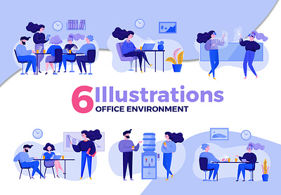 Office Environment Illustrations adobe illustrator blue business colorful flat illustration illustration job job interview meeting office people illustration people in the office presentation purple vector vector illustration virtual reality virtualreality work workplace