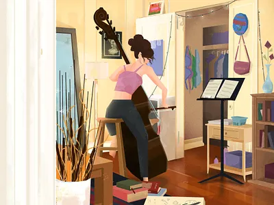 Working on her Bach bach bass brushes classical classical music curls digital painting double bass illustration music