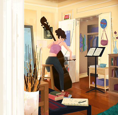 Working on her Bach bach bass brushes classical classical music curls digital painting double bass illustration music