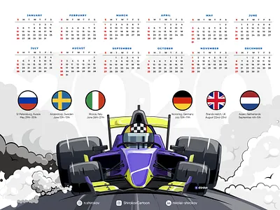 Calendar branding calendar caricature cartoon f1 illustration logo racecar raceway sport sport logo typography