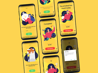 Smoke Stopper App Mobile UI android app design bad habits cigarette cigarettes daily daily ui dailyui habit tracker habits mobile quit bad habits smoke smoke app smoke stopper smoker stop smoke ui ux yellow