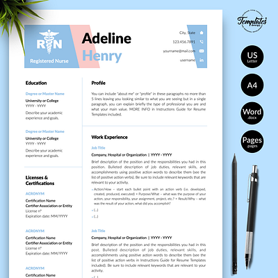 Nurse Resume for Word & Pages “Adeline Henry” cv template doctor resume word experienced nurse medical cv template medical resume word modern resume nurse cv template nurse graduate nurse practitioner nurse template word nursing cv nursing resume word registered nurse resume for word resume template word rn resume template student nurse resume