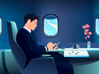 Businessman on airplane - Business trip 2d airplane app artwork burnwe businessman character animation character illustration characterdesign explainer explainer video illustrator man phone