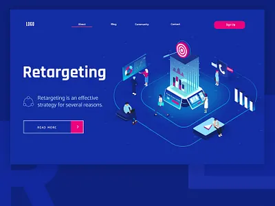 Retargeting landing page header design illustration inbound marketing isometric landing page management promotion retention vector web