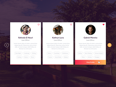 Profile Cards account app app design cards categories gradient modal orange pink popup profile tags ui user ux