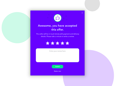 Zeonite Offer Accepted accepted account app app design consumer icon modal notification offer popup purple rating retail star rating ui user ux