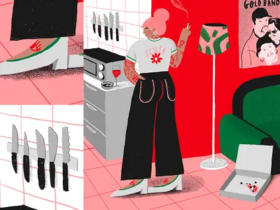 Weekend in quarantine character cigarette fashion green illustration italy knifes palette pattern pink pizza quaratine red stay home stay safe tattoo tattoos wine women