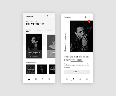 Face Place - Story Reading App app black black and white design face minimal monochrome people story typography ui ux white