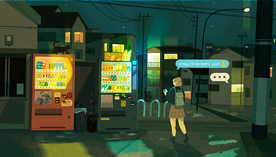 okay, i'll be there soon anime buildings character city concept art digital art drinks illustration japan mobile procreate progress sketch text vending machine