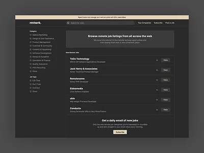 RmtWrk - v1.0 clean dailyui dark dark app dark mode dark theme dark ui hiring interface job job board job description job listing job portal job post job posting job search low contrast simple subtle