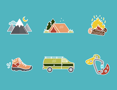 Outdoorsy Icons adventure boot brand identity camp fire camping carabiner climbing design hiking icon design iconography icons iconset illustration mountains outdoors tent van gogh vanlife vector