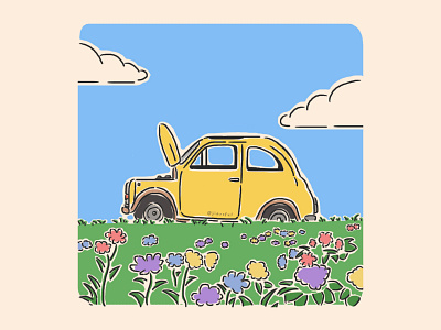 Yellow Car break car cartoon design flat illustration flatdesign flowers grass illustration lineart peaceful rest simple simple clean interface studio ghibli studio ghibli art yellow yellow car