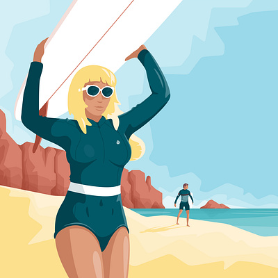 Endless summer beach character flat girl illustration sea surf vector