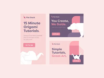 Flat Stack Banners animals banner bear branding crane elephant flat illustration logo origami paper pastel pink purple typography vector