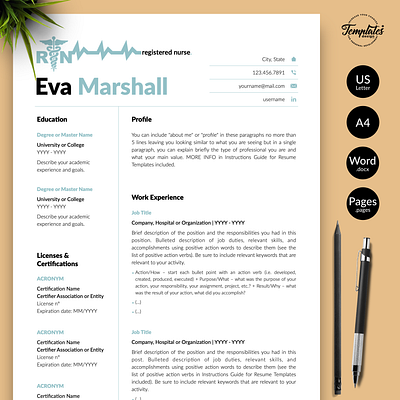 Nurse Resume for Word & Pages “Eva Marshall” best nurse resume health care manager medical assistant medical cv medical cv template medical resume medical resume word nurse cv template nurse graduate nurse template word nursing cv nursing resume nursing resume word physician assistant registered nurse resume for word resume template rn resume template word rn resume template