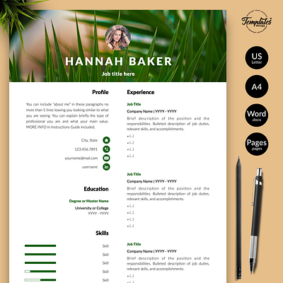 Creative Resume for Word & Pages “Hannah Baker” biologist resume creative resume cv template instant download modern resume nature cv template nature pattern resume one page resume professional resume research assistant resume and cover resume design resume for word resume template resume template word resume word three page resume two page resume