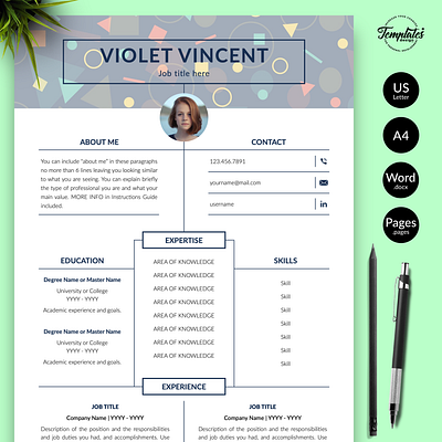 Creative Resume for Word & Pages “Violet Vincent” 1 page resume 2 page resume 3 page resume creative resume curriculum vitae cv template editable resume geometric pattern geometric resume modern resume professional resume resume design resume for word resume template resume template word resume word word cv