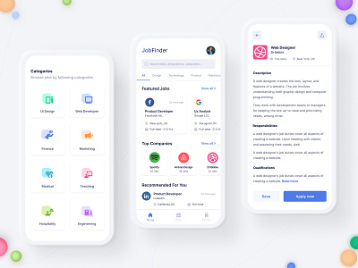 Job Finder Application blue clean concept creative design figma ios job job application job listing jobfinder jobportal mobile mobile app mobile app design mobile ui platform search ui ui ux