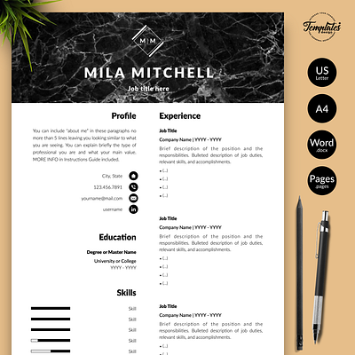 Modern Resume for Word & Pages “Mila Mitchell” 1 page resume 2 page resume 3 page resume creative resume curriculum vitae cv template marble cv marble resume marble textures modern resume professional resume resume design resume for pages resume for word resume format resume template resume template word resume with cover
