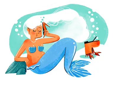 Mermaid incoming call blue children crab design girl illustration landing page mermaid ocean ocean life red shoes sea sea shell shell shoes sirene underwater water white hair woman