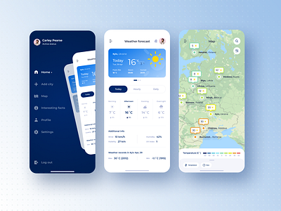 Weather forecast app / concept add city blue button design figma filters icons indicator map mobile notification search side menu sun switcher temperature ui uv weather weather forecast