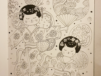 Geisha Cats cats drawing illustration japanart outline