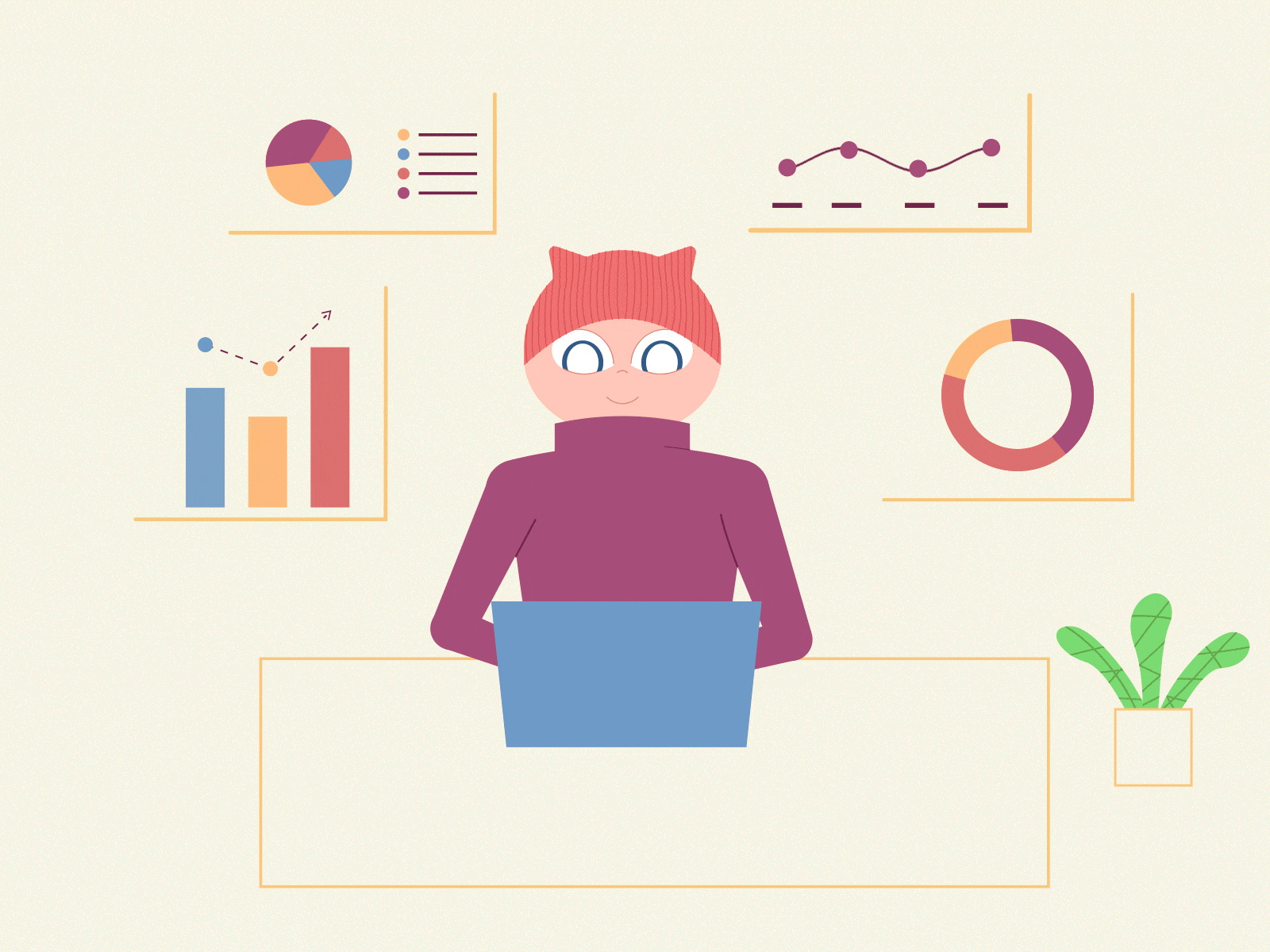 Analytics 2d analyzing animation character chart charts design flat gif girl ice cap illustration loop marketing motion plants texture vector