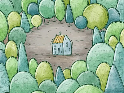 in the woods alone cabin cute forest green house illustration trees woods