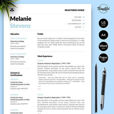 Nurse Resume for Word & Pages “Melanie Stevens” certified assistant creative nurse cv curriculum vitae cv template doctor resume medical cv medical resume nurse cv template nurse resume nursing design nursing resume professional resume registered nurse resume design resume for word resume template rn resume template