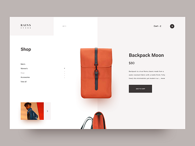 Rains. Backpack store branding design minimal ui ux web