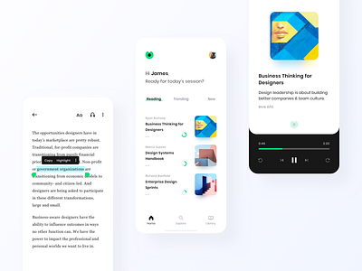 Blinkist App Redesign (Concept) app audio audio book blink blinkist book clean concept dark ios modern player read reading redesign summary takeaways ui ux white