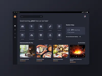 Hotel Guest Dashboard App dark ui dashboard hotel amenity hotel app hotel guest ipad minimalism simple spa user interface weather app