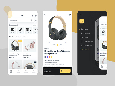 eCommerce app app design app designer ecommerce app ecommerce design ecommerce shop headphone interface landing minimal mobile app mobile app design mobile apps mobile design shop app shopping app shopping cart ux website yellow