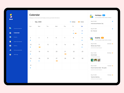 Skool calendar UI admin blue calender event holidays iconography icons school solid icons students web app web ui web ui ux webdesign xd design