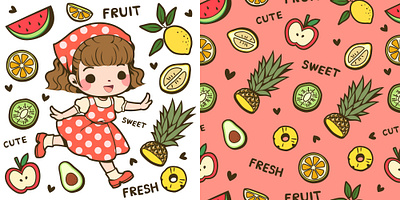 Cute girl and fruit apple avocado cartoon character child cute girl kawaii kid kiwi lemon orange pineapple screen seamless seamless pattern summer texture wallpaper watermelon