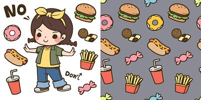 Cute girl and junk food alphabet candy cartoon character child cookies donut doughnut eat fast food french fries girl hot dog illustration junk food kawaii kawaii style kid screen wallpaper seamless pattern