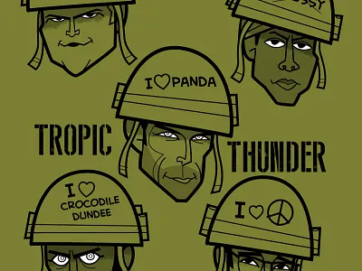 Tropic Thunder adobe creative cloud adobe illustrator ben stiller brandon t jackson caricatures diego riselli digital fanart funny illustration jack black jay baruchel movie robert downey jr tropic thunder vector wacom cintiq war