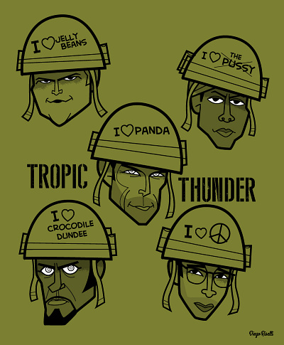 Tropic Thunder adobe creative cloud adobe illustrator ben stiller brandon t jackson caricatures diego riselli digital fanart funny illustration jack black jay baruchel movie robert downey jr tropic thunder vector wacom cintiq war