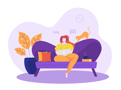 Work From Home covid 19 flat girl header illustration pose quarantine self isolation ui vector website