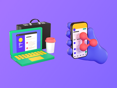 Product Onboarding 3d briefcase c4d camera coffee design hand illustration laptop notepad octane onboarding phone polywork polyworking product render share ui