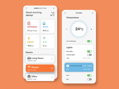 Home Monitoring App UI app appuidesign daily ui dailyuichallenge home app home appliances home monitoring home monitoring dashboard interface interface design light control mobile app mobile ui monitoring app monitoring dashboard temperature ui ui design user interface visualization