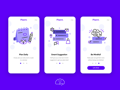 Planrt. | Onboarding Screens app branding design illustration logo mindful onboard onboarding onboarding screen onboarding ui purple ui userinterface