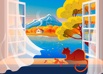 The lake house autumn cat cat lady evening illustration lake lake tahoe landscape mellow autumn mountains pond the lake house tree vacation vector window