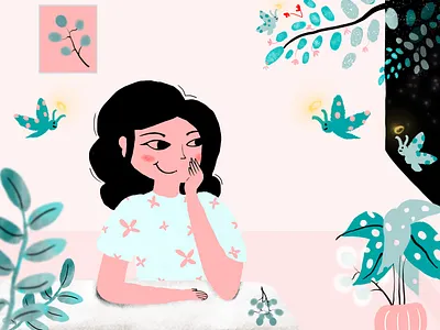 Night Friends.. butterfly flower friends girl home illustration midnight night