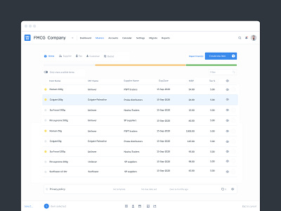 ItemMaster data table grid item master product design product listing product master ui ui design user experience