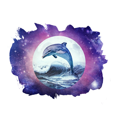 Moon, Dolphin, Ocean Waves and galaxy stars art artwork dolphin galaxy moon ocean star tshirt design watercolor art watercolor illustration waves