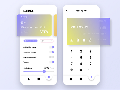 Bank App Settings and Reset PIN app bank card credit dailyui design footprint interface navbar pin settings toggle ui ux