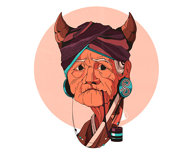 old witch 2d avatar cartoon character ethnic horns illustration illustrator old lady outline portrait retro shadow smoke style texture vector vintage witch woman