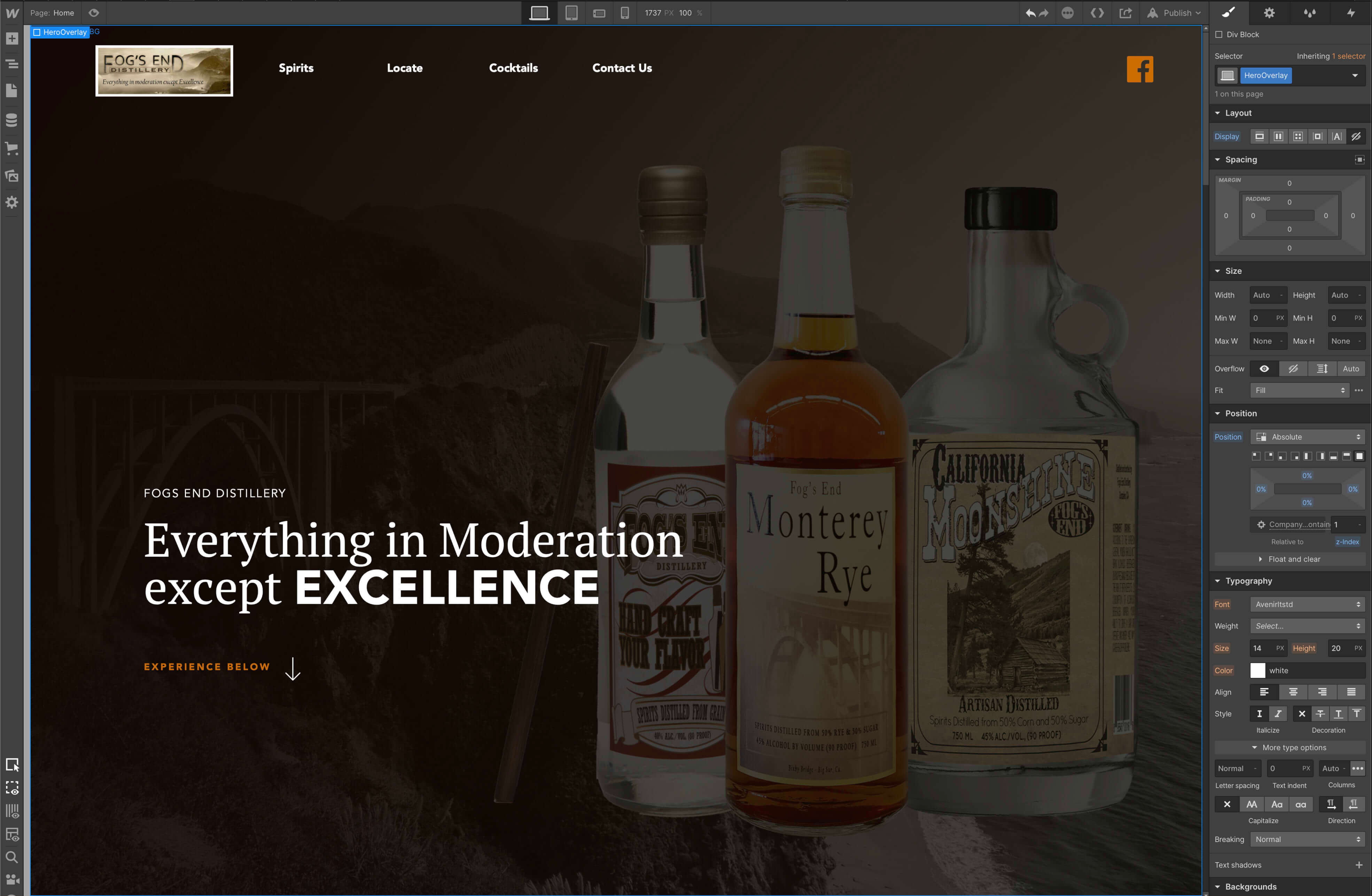 Example of Fogs End Distillery Landing Page in Webflow